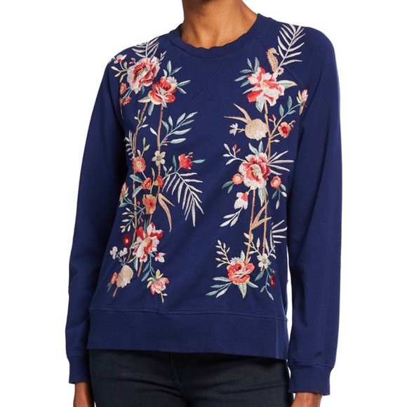 Johnny Was Sweaters - NEW Johnny Was Caspian Floral Embroidered Raglan Navy Sweatshirt Long Sleeve